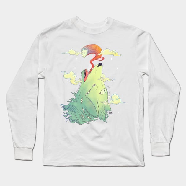 Howling Wolf With Ghost, Colorful Artwork Long Sleeve T-Shirt by cellsdividing